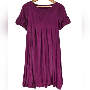 Y2K Silky Pleated Puff Sleeve Purple Balloon Midi Dress